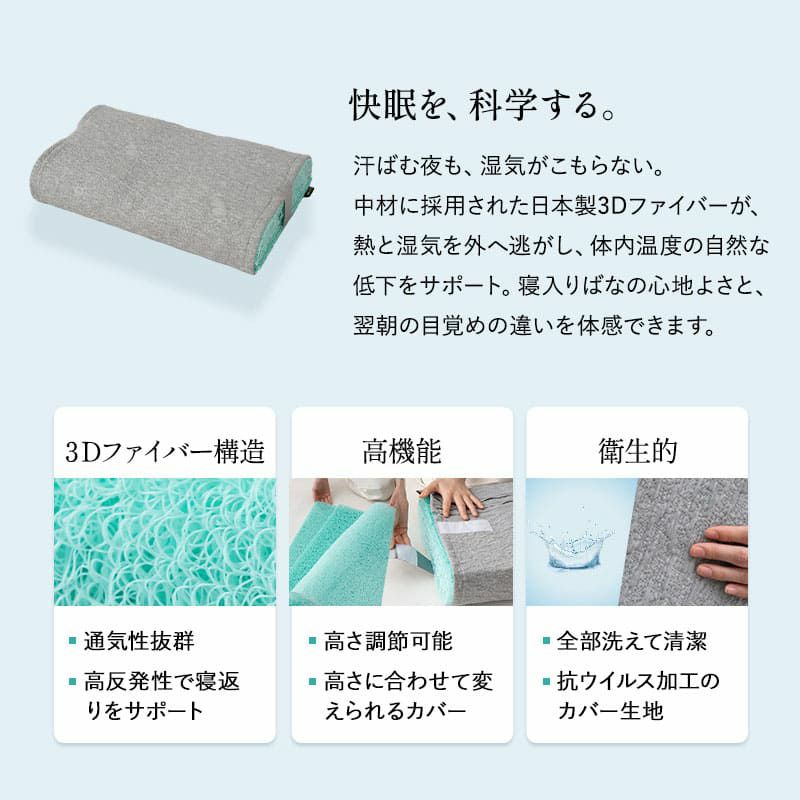 スカイブリージーピロー2 36×54cm 枕 ピロー 抗ウィルス 通気性抜群 高反発 3Dファイバー 丸洗い 高さ調節可能 スカイブリージー SKY BREEZY PILLOW