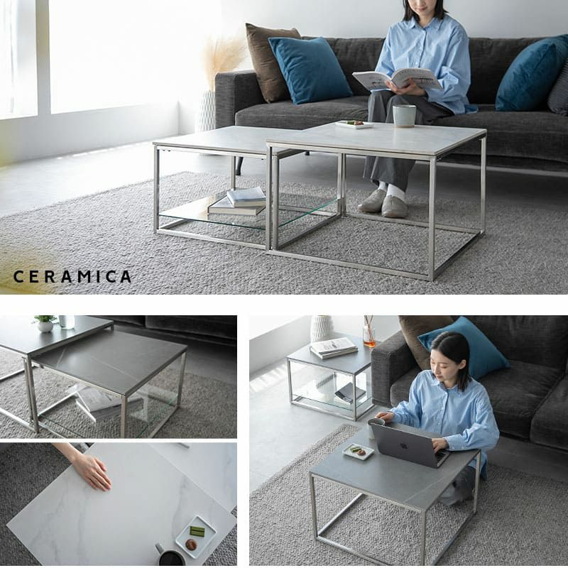 ネストテーブル 幅60cm セラミック 正方形 角型 四角 テーブル単品 食卓 テーブル スチール脚 石目調 ローテーブル センターテーブル 大小 ホワイト グレー CERAMICA セラミカ